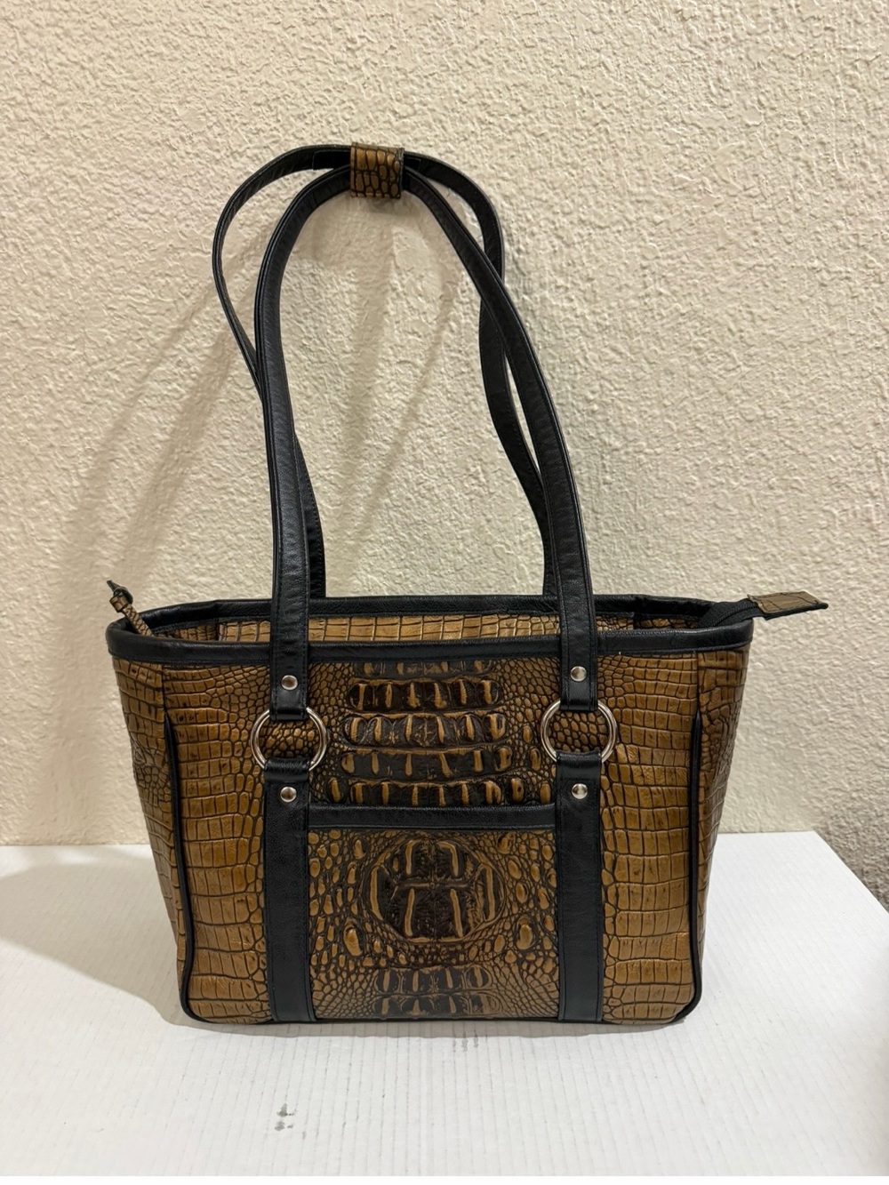 Croc-Embossed Tote Bag in Brown and Black Faux Leather